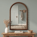 SANGNI 36" x 24" Arched Wall Mirror, Rustic Walnut Solid Wood Rope Carved Frame, Farmhouse Decor