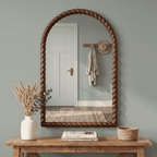 SANGNI 36" x 24" Arched Wall Mirror, Rustic Walnut Solid Wood Rope Carved Frame, Farmhouse Decor
