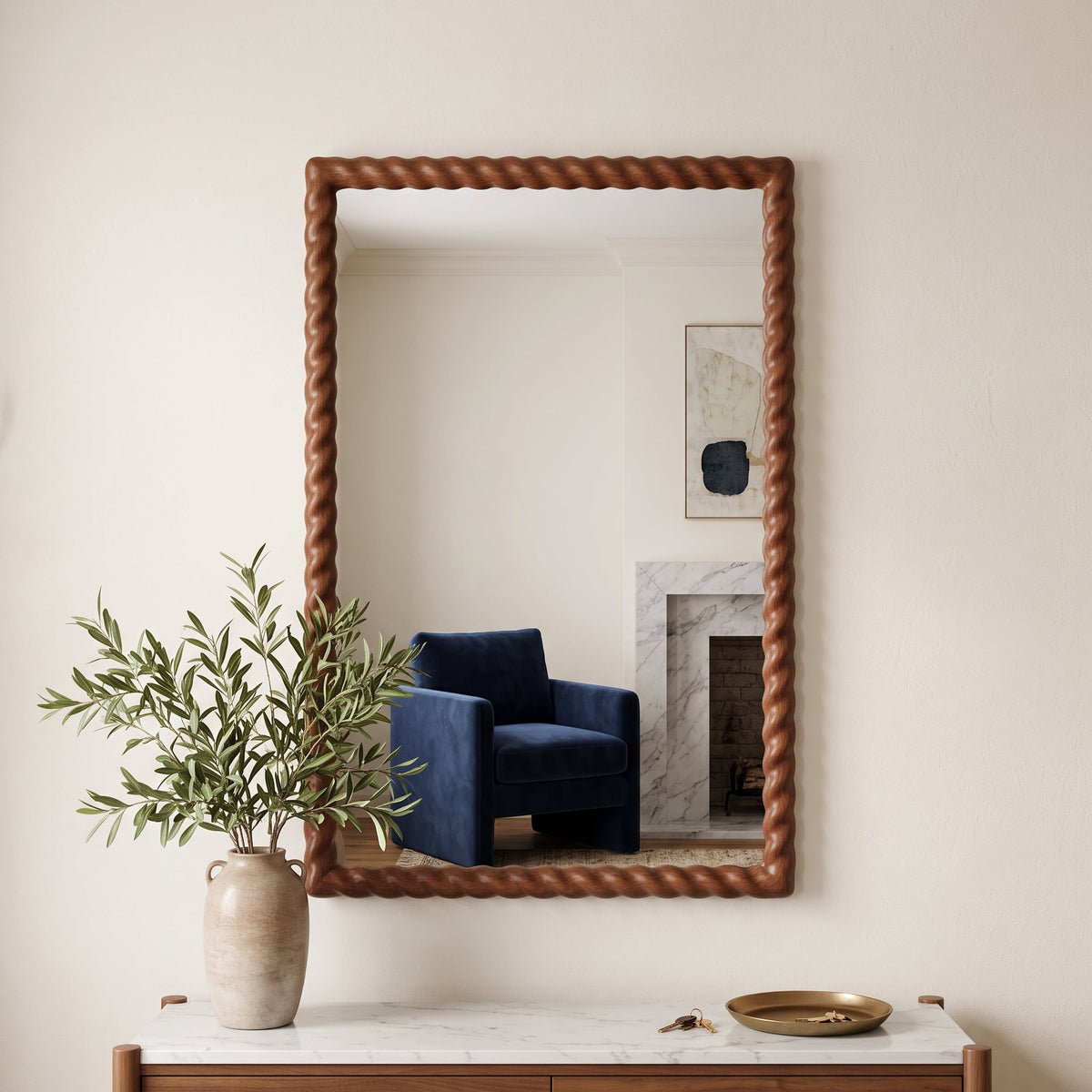 36"x24" Rectangle Rustic Farmhouse Wall Mirror with Twisted Rope Carved Wood Frame