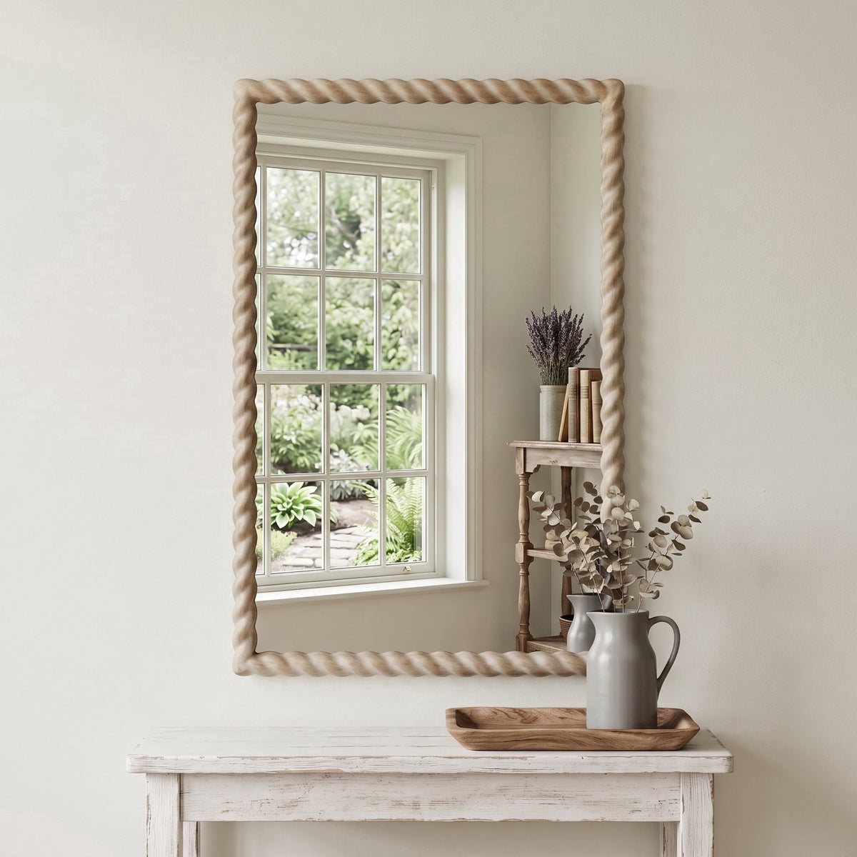 SANGNI 36"x24" Rectangle Rustic Farmhouse Wall Mirror with Twisted Rope Carved Wood Frame