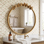Sangni 28" x 28" Antique Hand Applied Gold Leafing French Country Accent Metal Round Wall Mirror with Hand-Sculpted Bow Frame