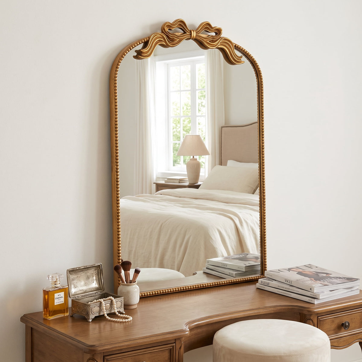 Sangni 36" x 24" Hand-applied Antique Gold Leaf Arched Wall Mirror with Ribbon Bow Crest and Beaded Metal Frame