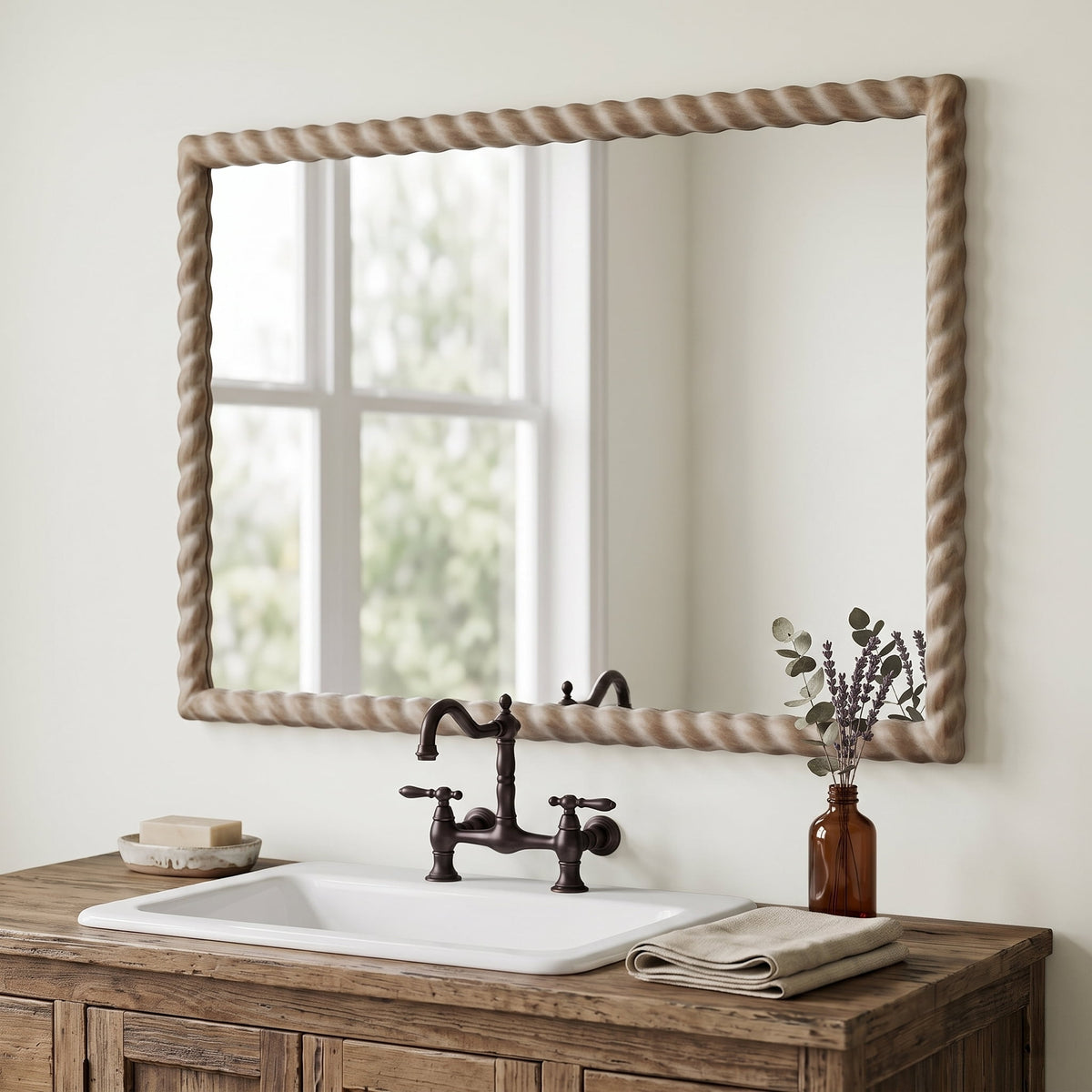SANGNI 36"x24" Rectangle Rustic Farmhouse Wall Mirror with Twisted Rope Carved Wood Frame
