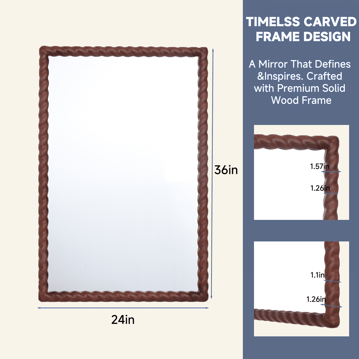 36"x24" Rectangle Rustic Farmhouse Wall Mirror with Twisted Rope Carved Wood Frame
