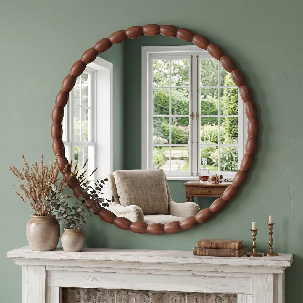 30" Round Wall Mirror, Carved Beaded Solid Wood Frame, Farmhouse Decor