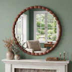 30" Round Wall Mirror, Carved Beaded Solid Wood Frame, Farmhouse Decor