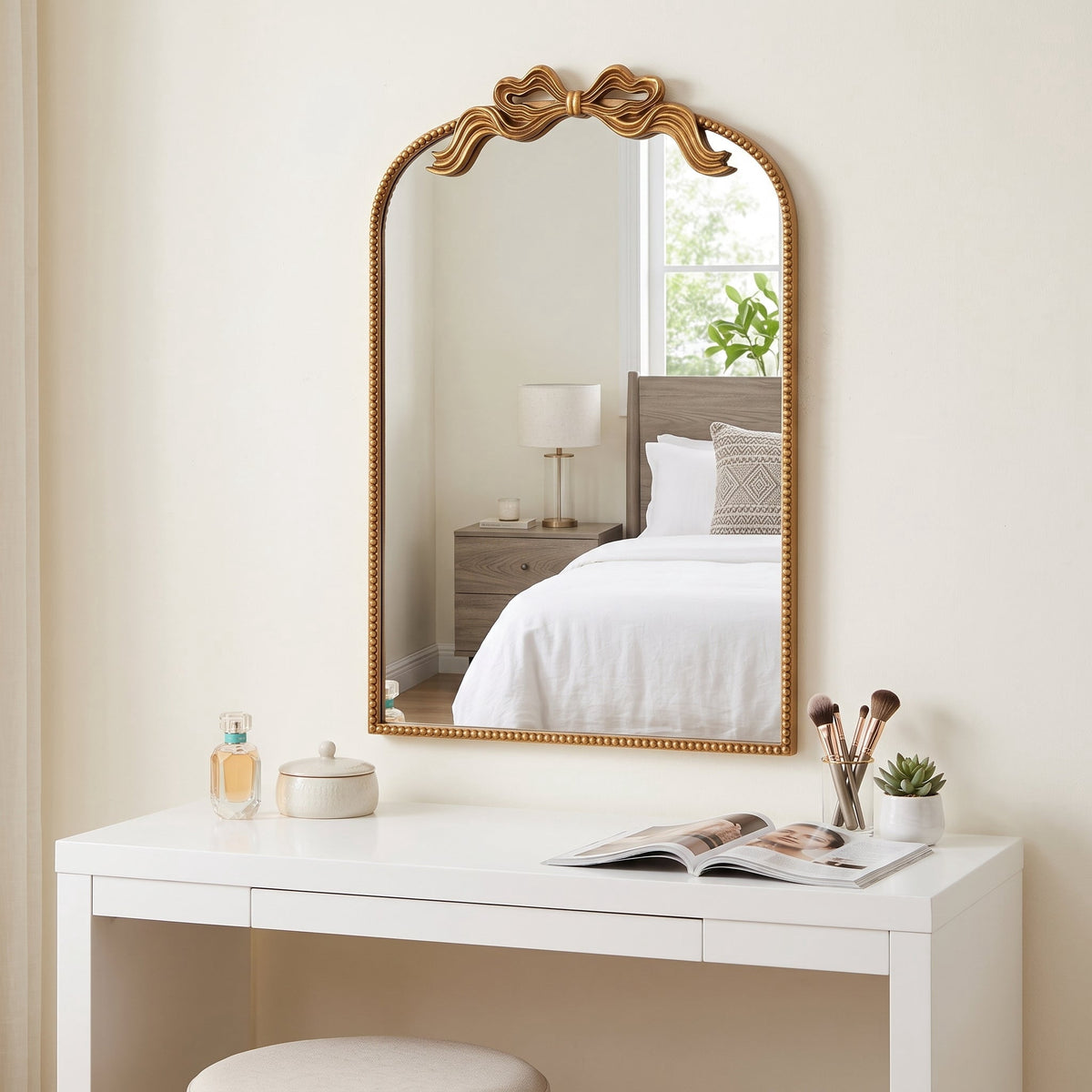 Sangni 36" x 24" Hand-applied Antique Gold Leaf Arched Wall Mirror with Ribbon Bow Crest and Beaded Metal Frame