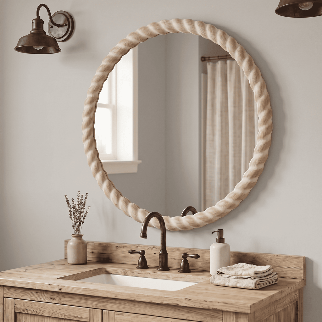 SANGNI Rope Carved Wood 24" x 24" Weathered Natural Rustic Farmhouse Wall Mirror