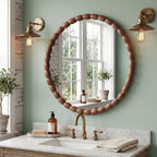 30" Round Wall Mirror, Carved Beaded Solid Wood Frame, Farmhouse Decor