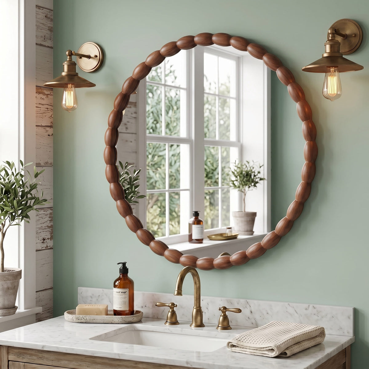 30" Round Wall Mirror, Carved Beaded Solid Wood Frame, Farmhouse Decor