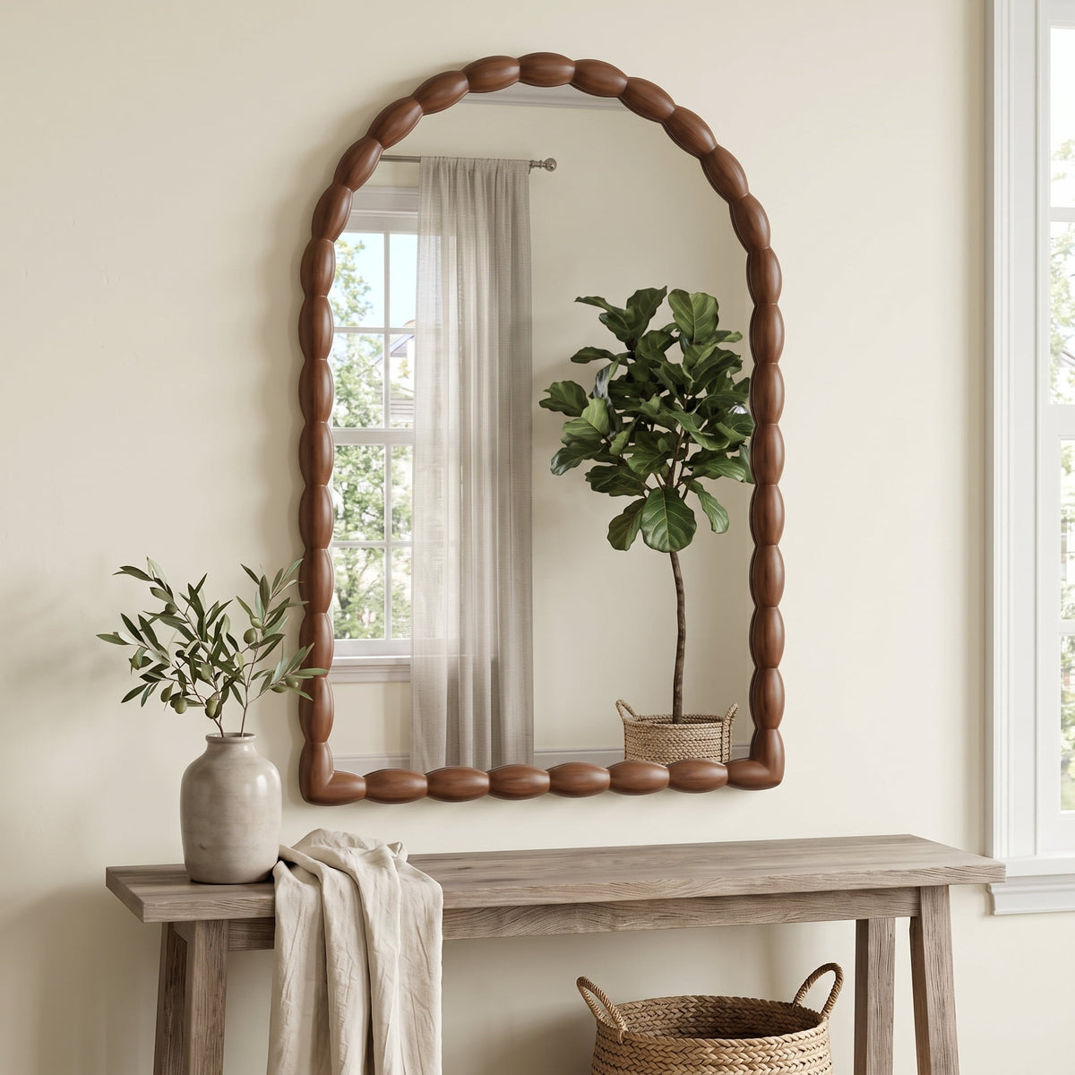SANGNI Carved Beaded Solid Wood Arched 36" x 24" Rustic Walnut Farmhouse Wall Mirror