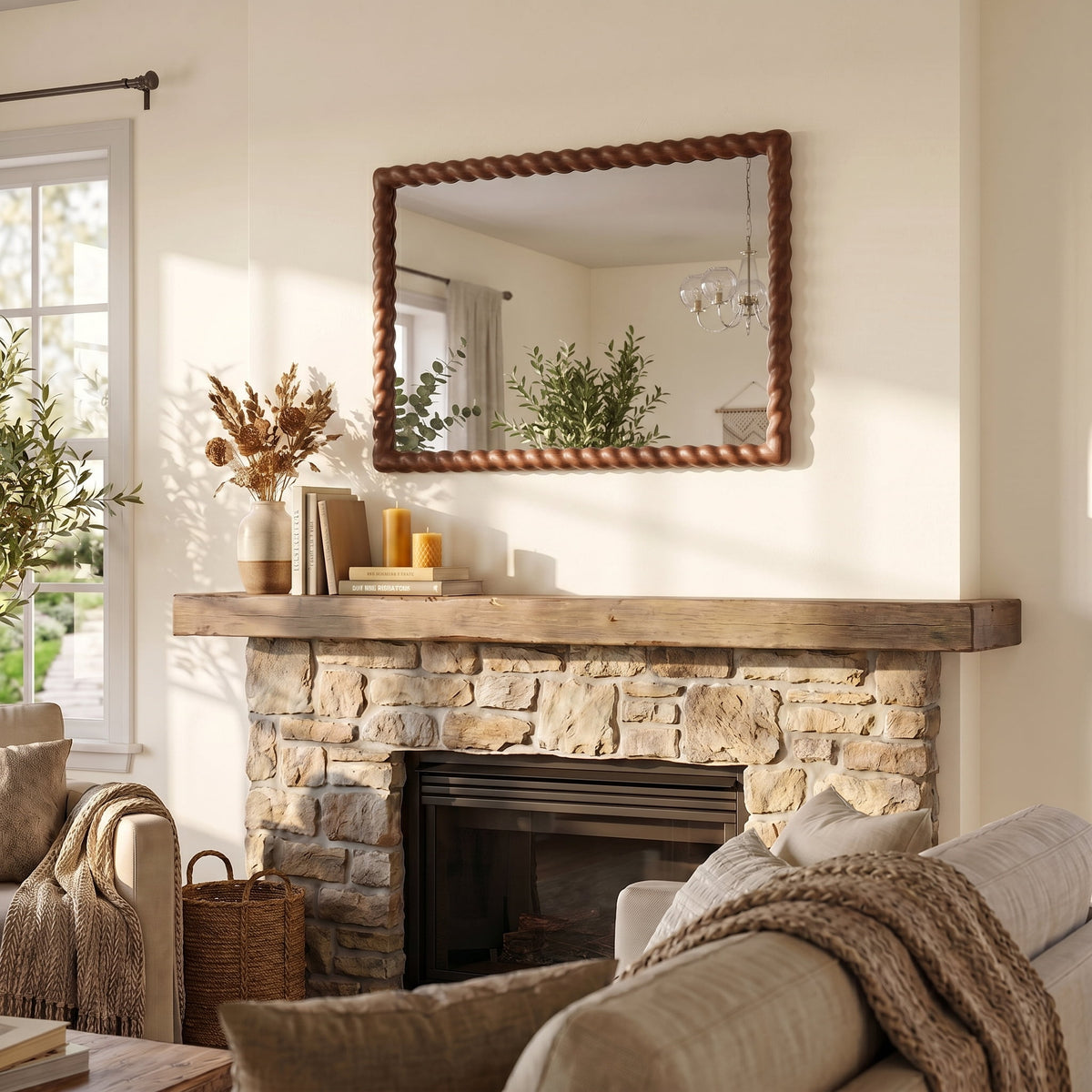 36"x24" Rectangle Rustic Farmhouse Wall Mirror with Twisted Rope Carved Wood Frame