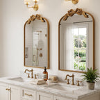 Sangni 36" x 24" Hand-applied Antique Gold Leaf Arched Wall Mirror with Ribbon Bow Crest and Beaded Metal Frame