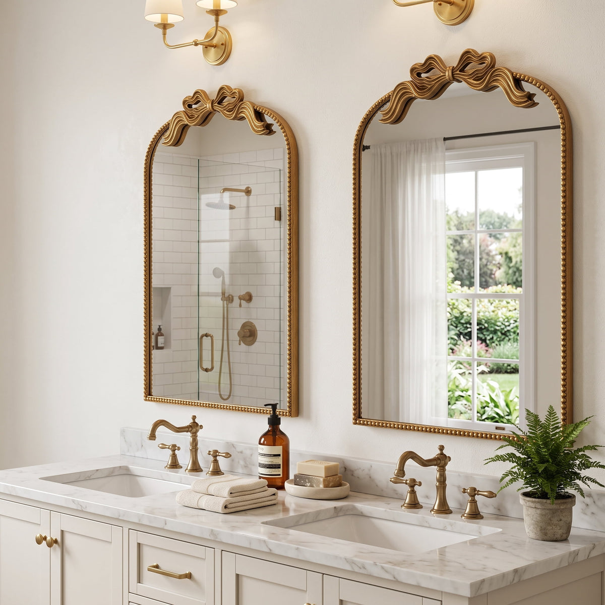 Sangni 36" x 24" Hand-applied Antique Gold Leaf Arched Wall Mirror with Ribbon Bow Crest and Beaded Metal Frame