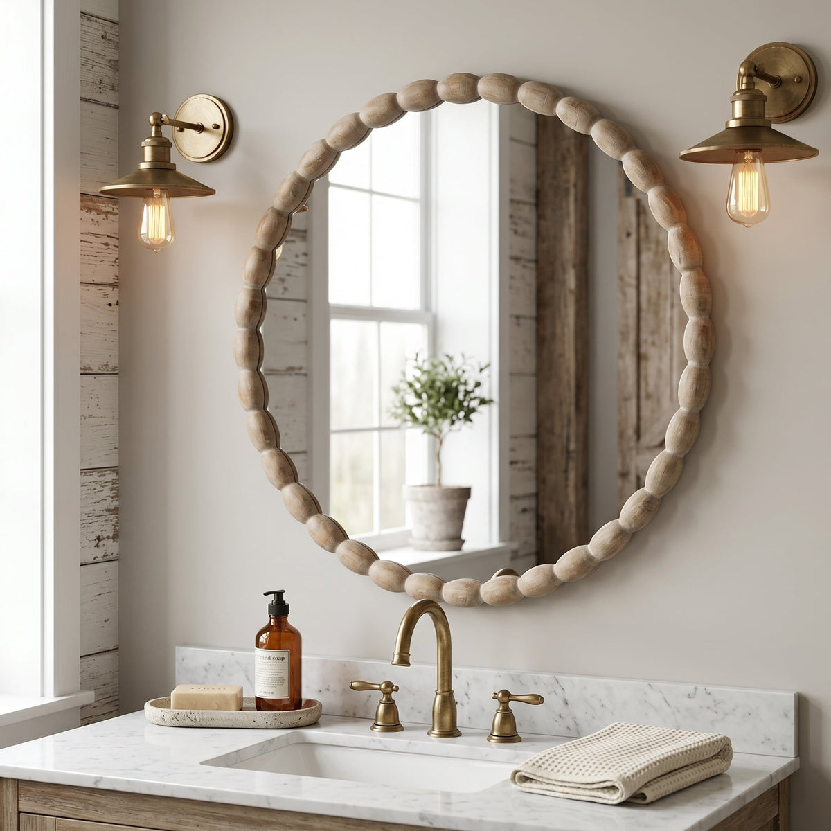 30" Round Solid Wood Wall Mirror with Carved Beaded Frame for Vanity, Entryway & Living Room