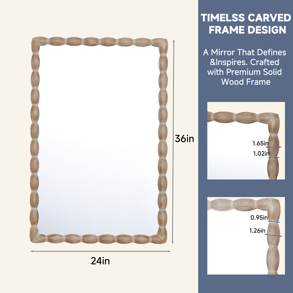 24" x 36" Rectangle Wall Mirror, Beaded Carved Solid Wood Frame, Rustic Farmhouse Decor