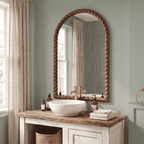 SANGNI 36" x 24" Arched Wall Mirror, Rustic Walnut Solid Wood Rope Carved Frame, Farmhouse Decor