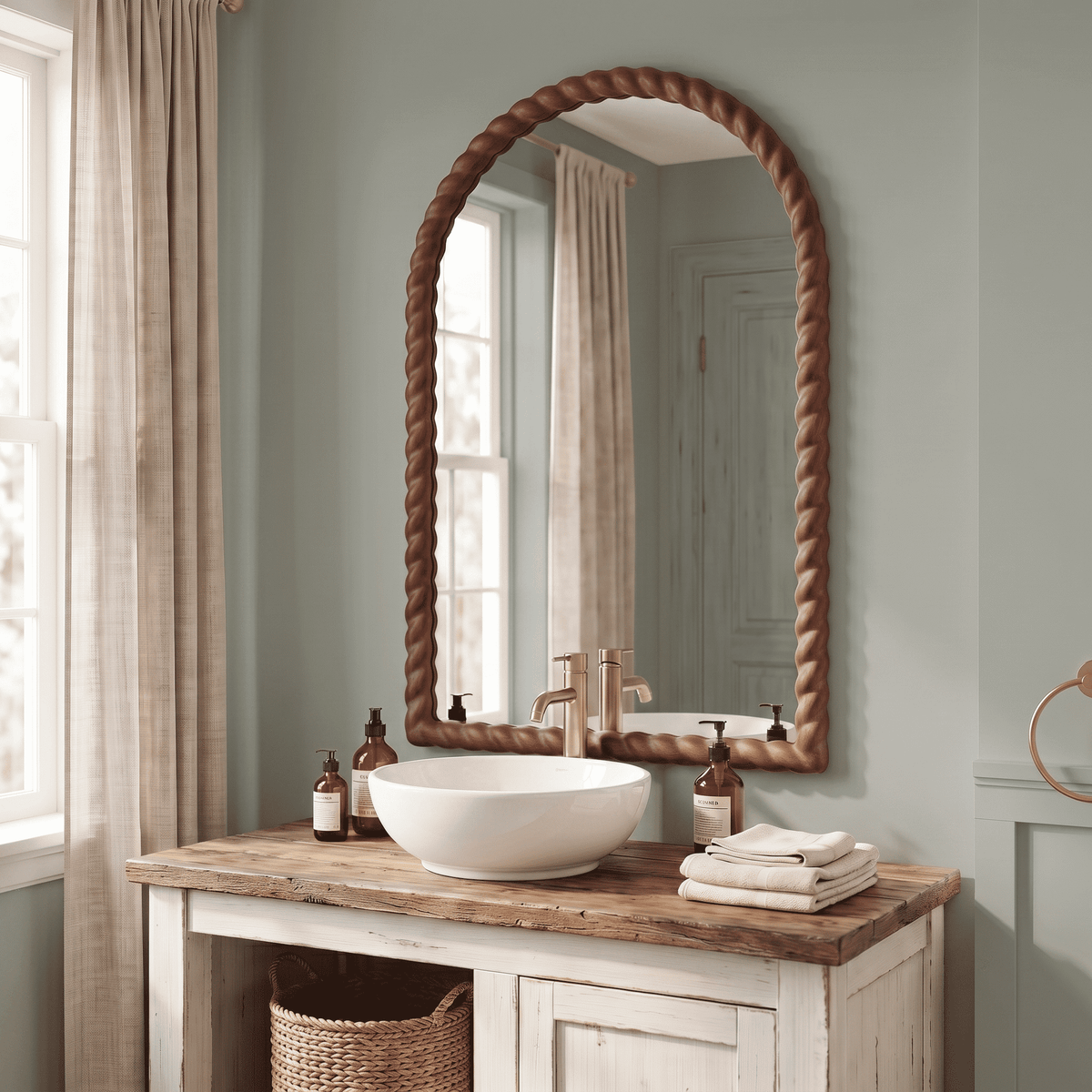SANGNI 36" x 24" Arched Wall Mirror, Rustic Walnut Solid Wood Rope Carved Frame, Farmhouse Decor