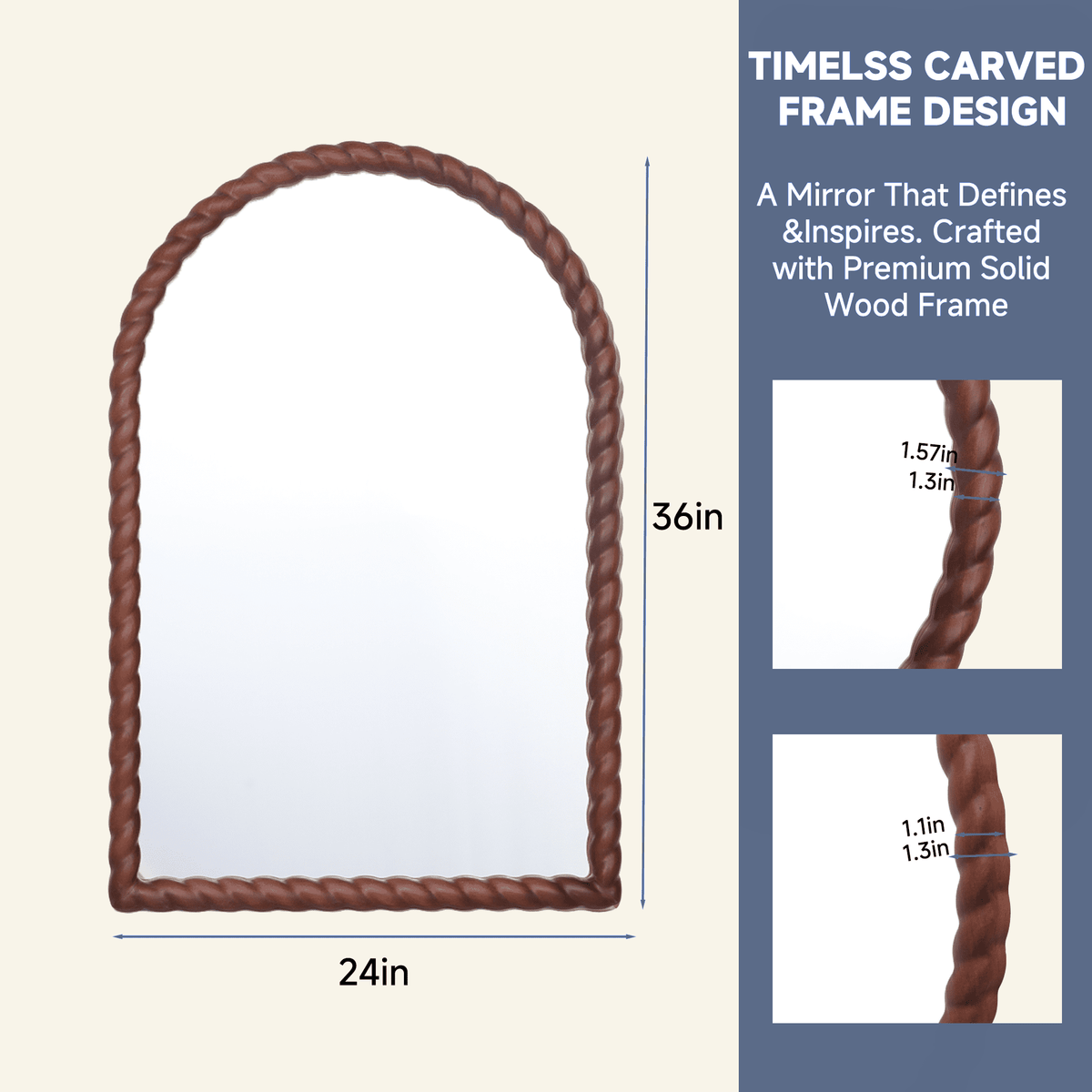 SANGNI 36" x 24" Arched Wall Mirror, Rustic Walnut Solid Wood Rope Carved Frame, Farmhouse Decor