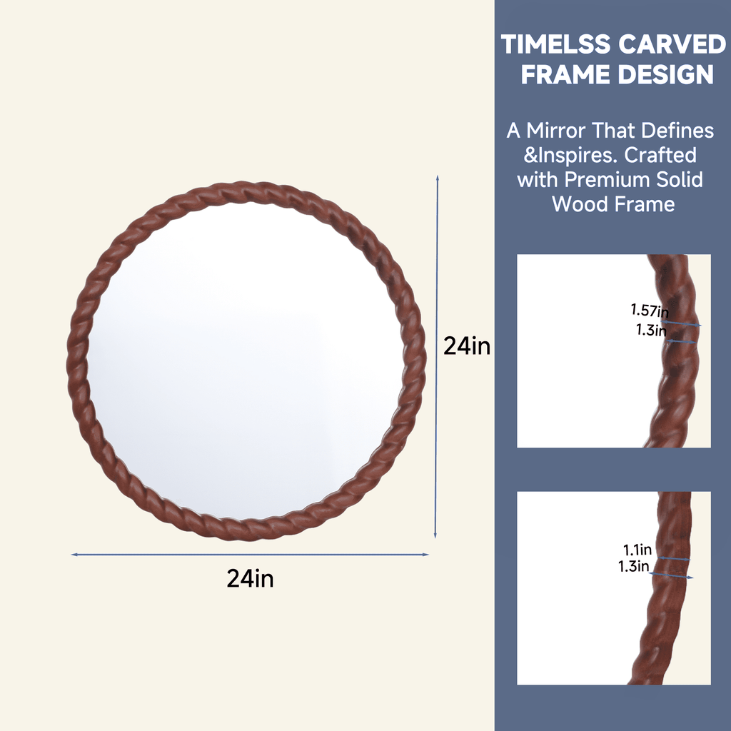 SANGNI 24" Round Wall Mirror, Rustic Walnut Solid Wood Frame, Farmhouse Wall Mounted