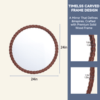 SANGNI 24" Round Wall Mirror, Rustic Walnut Solid Wood Frame, Farmhouse Wall Mounted