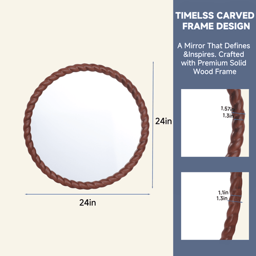 SANGNI 24" Round Wall Mirror, Rustic Walnut Solid Wood Frame, Farmhouse Wall Mounted