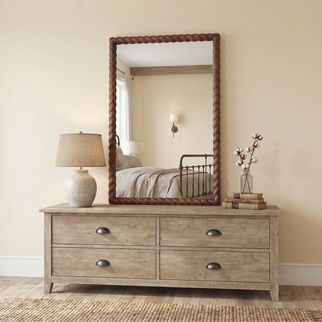 36"x24" Rectangle Rustic Farmhouse Wall Mirror with Twisted Rope Carved Wood Frame