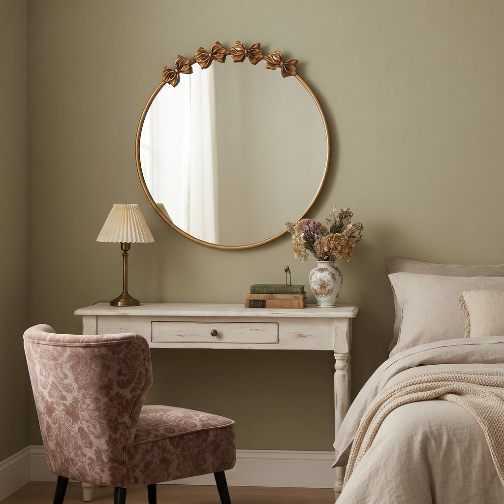 Sangni 28" x 28" Antique Hand Applied Gold Leafing French Country Accent Metal Round Wall Mirror with Hand-Sculpted Bow Frame