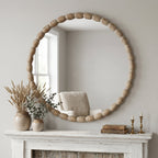 30" Round Solid Wood Wall Mirror with Carved Beaded Frame for Vanity, Entryway & Living Room