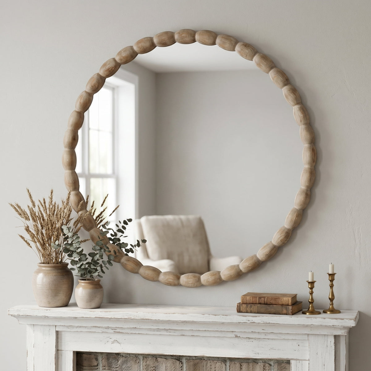30" Round Solid Wood Wall Mirror with Carved Beaded Frame for Vanity, Entryway & Living Room