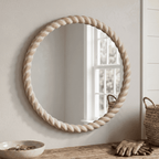 SANGNI Rope Carved Wood 24" x 24" Weathered Natural Rustic Farmhouse Wall Mirror