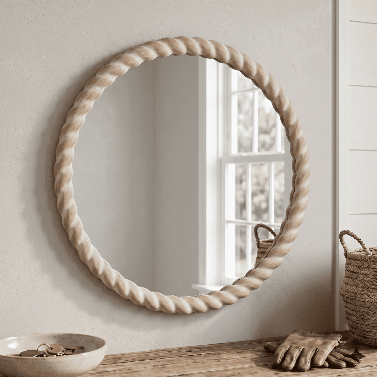 SANGNI Rope Carved Wood 24" x 24" Weathered Natural Rustic Farmhouse Wall Mirror