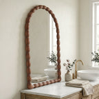 SANGNI Carved Beaded Solid Wood Arched 36" x 24" Rustic Walnut Farmhouse Wall Mirror
