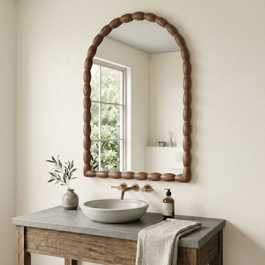SANGNI Carved Beaded Solid Wood Arched 36" x 24" Rustic Walnut Farmhouse Wall Mirror