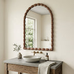 SANGNI Carved Beaded Solid Wood Arched 36" x 24" Rustic Walnut Farmhouse Wall Mirror